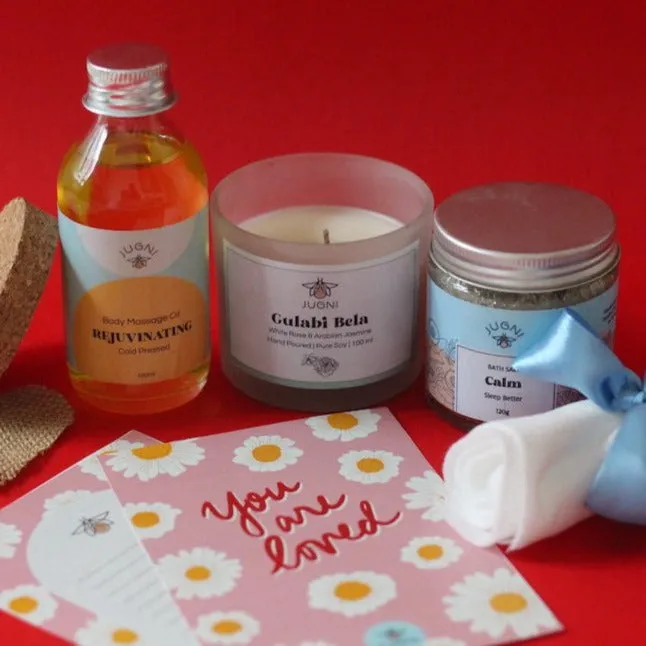 Spa Date Gift Box with Candle, Bath Salts and Relaxing Massage Oil