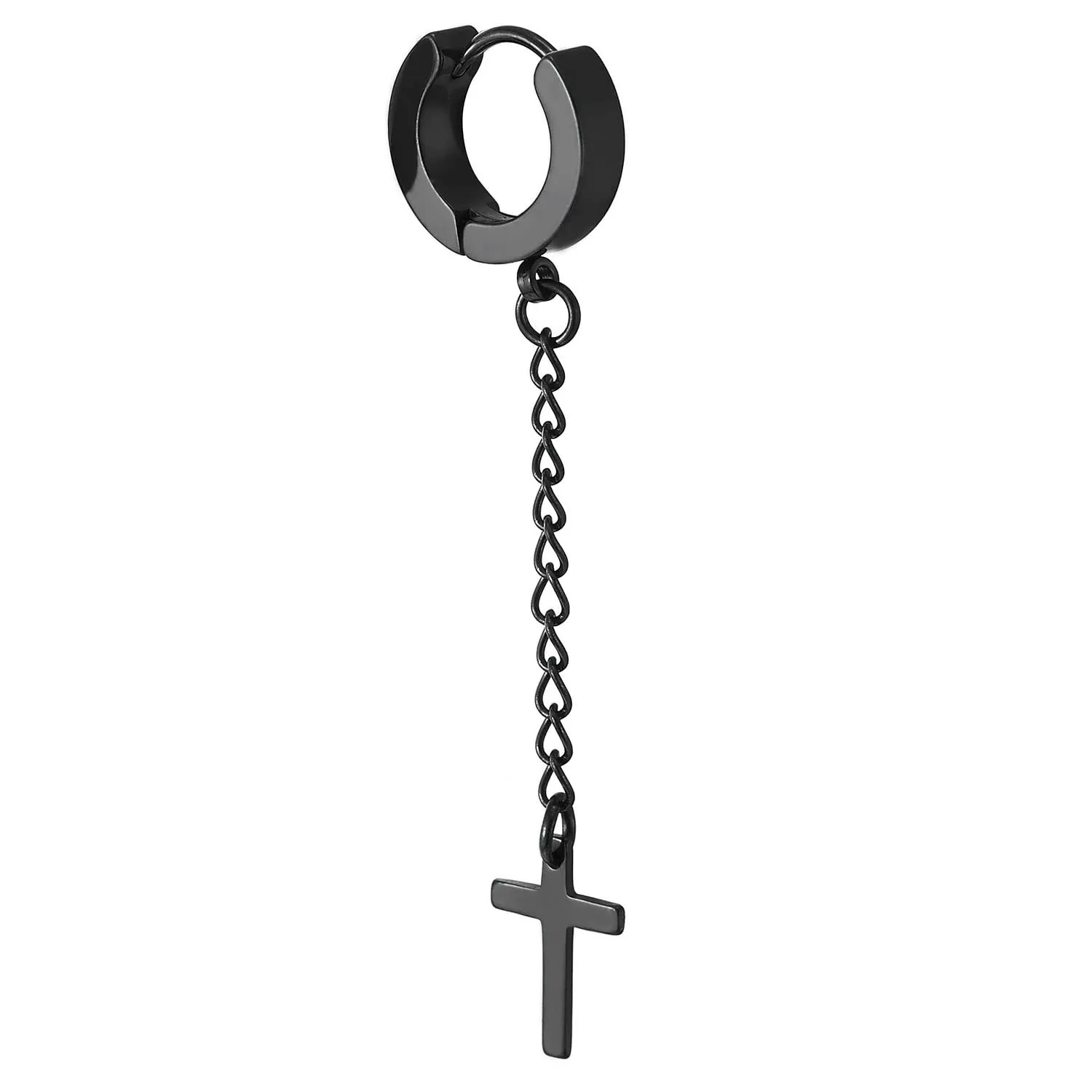 Stainless Steel Black Huggie Hinged Hoop Earrings with Long Chain Dangling Cross Unisex Men Women