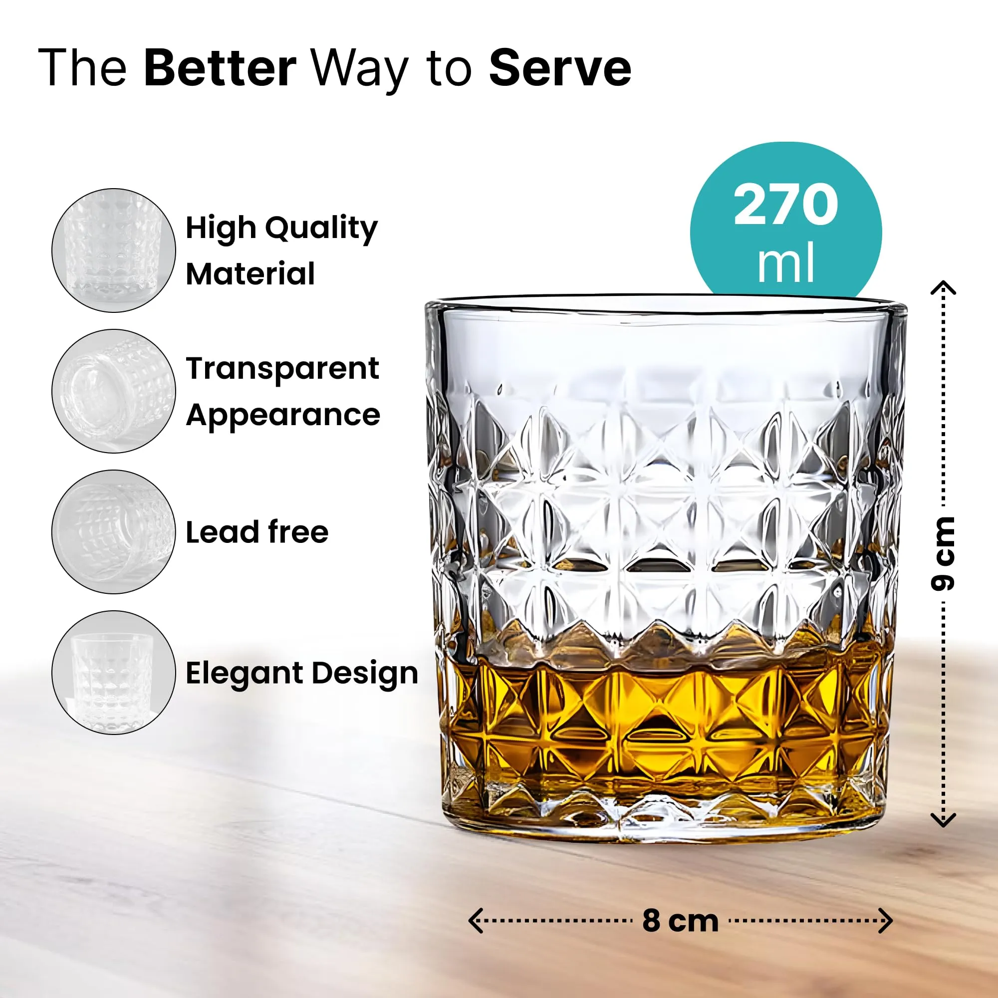 The Better Home Zest Whiskey Glasses Set of 2 (270ml Each) | Lead Free Whiskey Glass | Crystal Glass for Bar Home | Glass for Drinks | Cocktail Glasses | Highball Glass | Heavy Bottom Drinking Glass