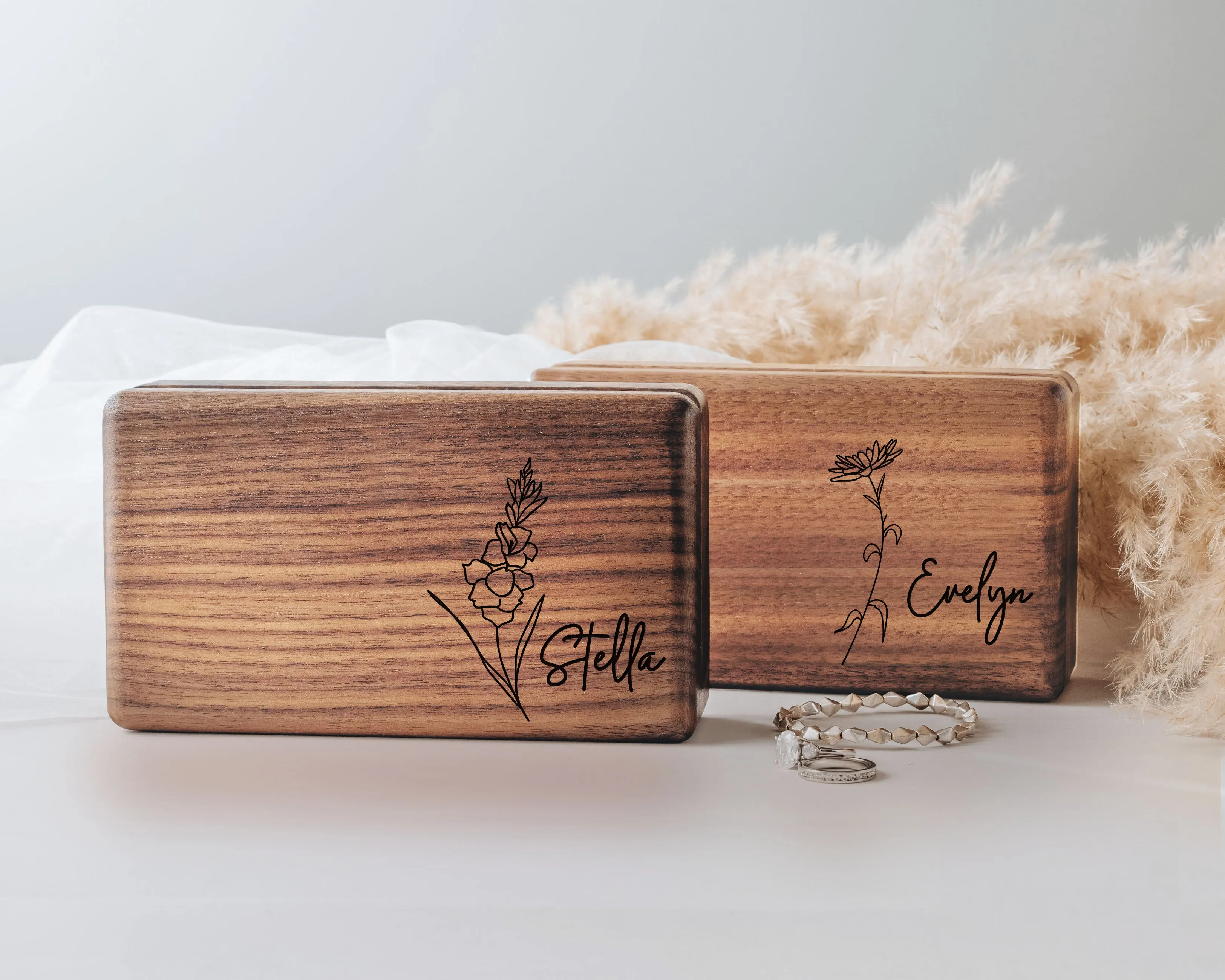 Wood Jewelry Box with Birth Flower